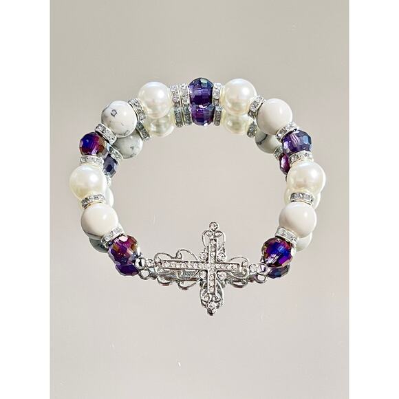 Crystal Cross Pearl Howlite Crystal Bracelet Set - Picture 9 of 12